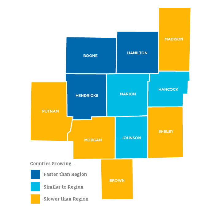 2016 Population Growth in Indianapolis, Central Indiana