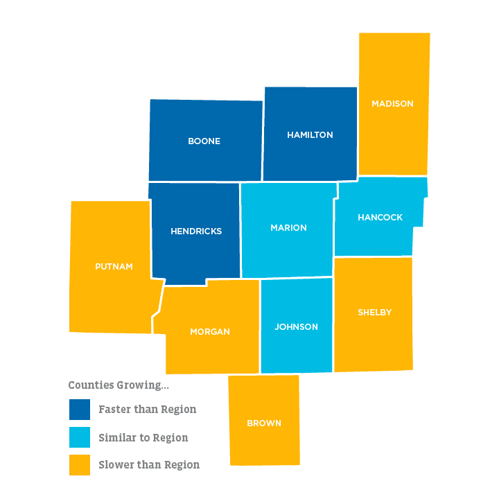 2016 Population Growth in Indianapolis, Central Indiana