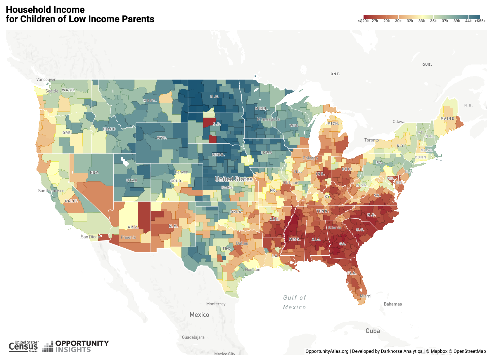 Economic opportunity for low-income children is lowest in the Southeast and highest in the Plains region.